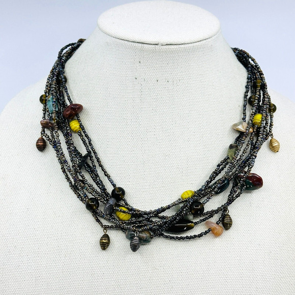 Chicos Necklace Gray Black Layered Multi Strand Fringe Charm Beaded Jewelry - Picture 1 of 8